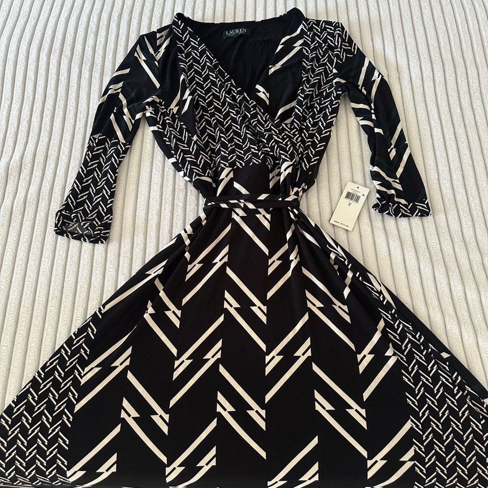 Ralph Lauren Dress black white & green accents midi wrap dress with 3/4 sleeves
